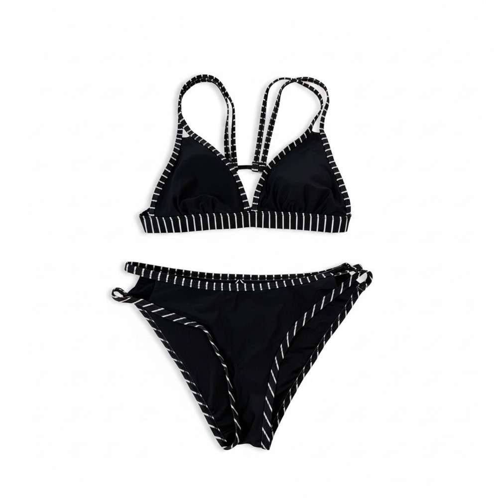 Cupshe NWT Black White Stripe V-Neck Double Strap Bikini Hip Cutout Set Small S - Picture 2 of 13